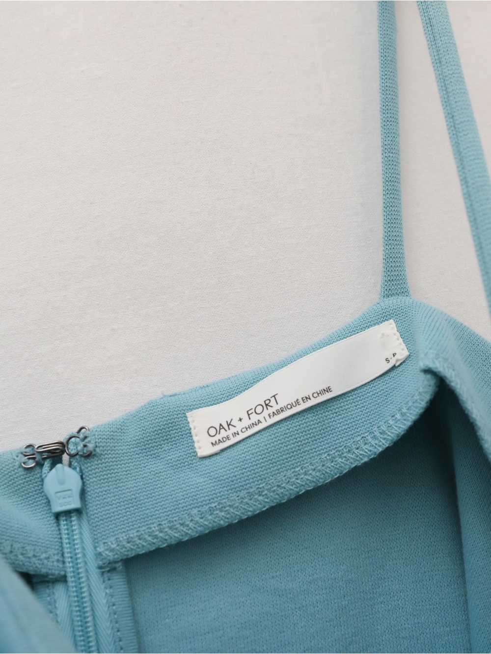 NWOT Oak + Fort Spaghetti-Strap Ponte Knit Mini Dress muted pastel blue S new - Picture 5 of 8